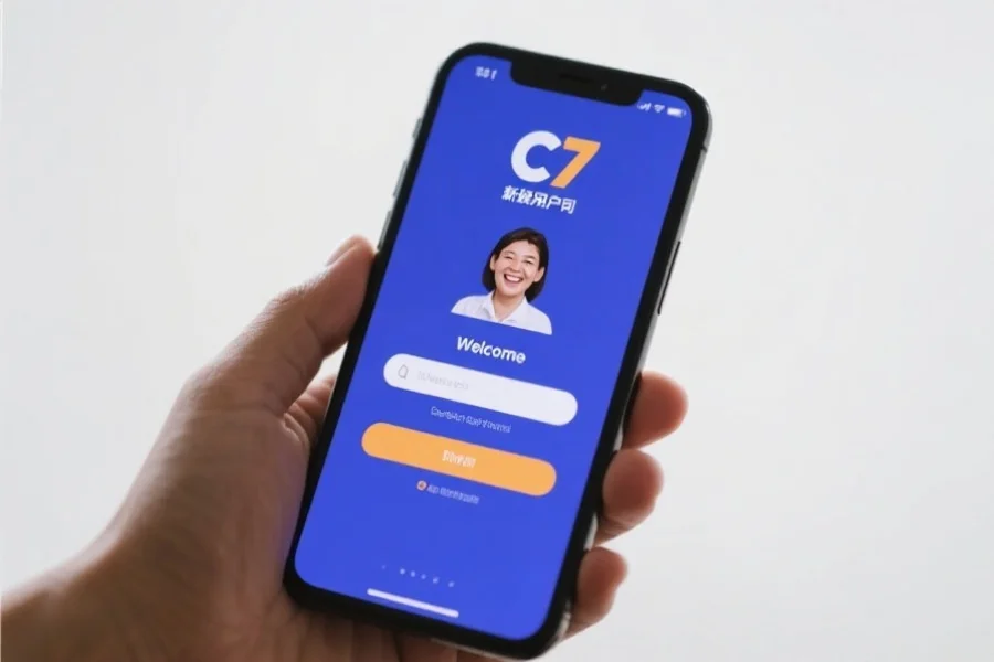 新用户通过手机成功登录C7娱乐官网，屏幕显示欢迎界面，用户表情愉快，背景简洁